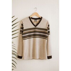 Los Angeles L.A.X Women’s M Striped V Neck Long Sleeve Top Brown Beige 90s Vtg
